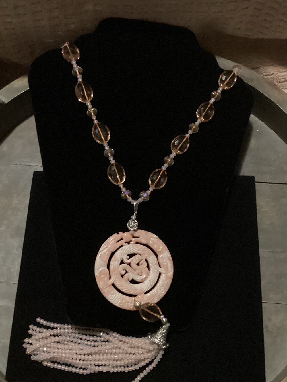 Elegant Pink Carved Pendant Necklace with Tassel